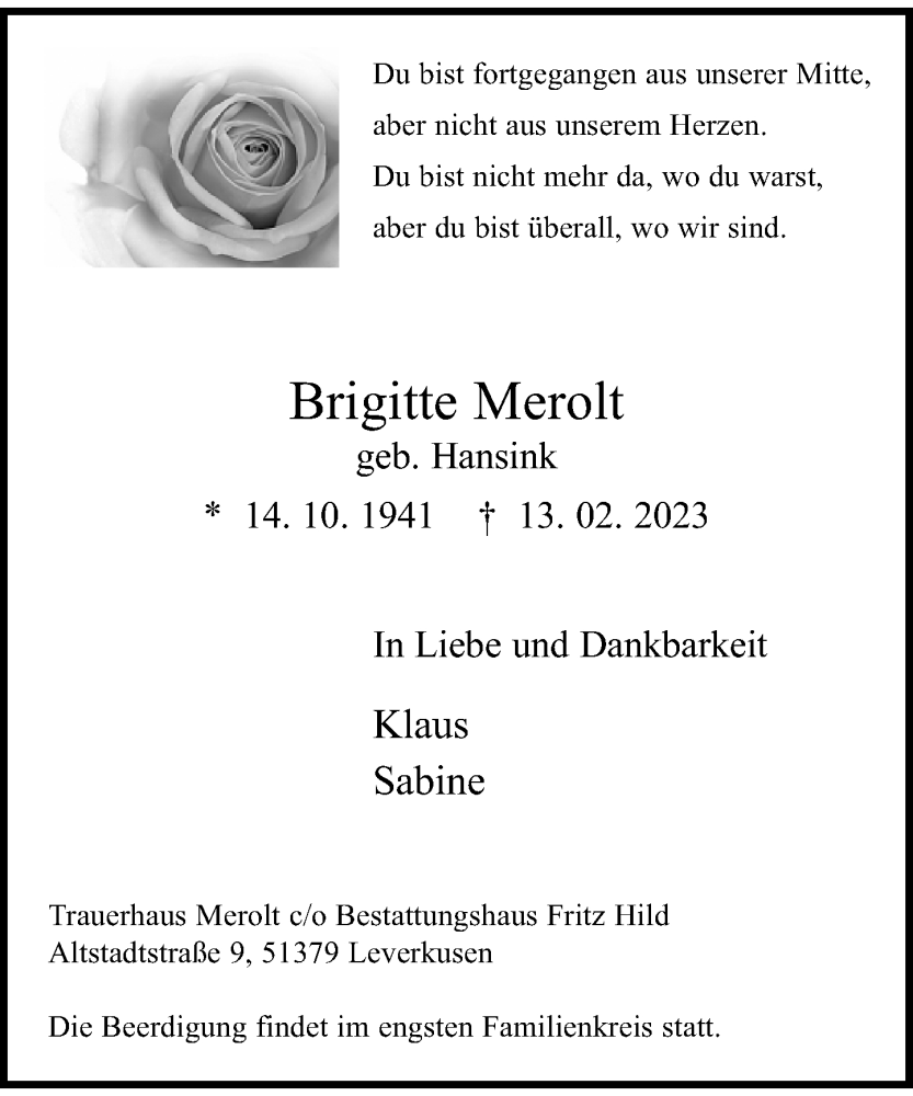  Traueranzeige für Brigitte Merolt vom 18.02.2023 aus Rheinische Post