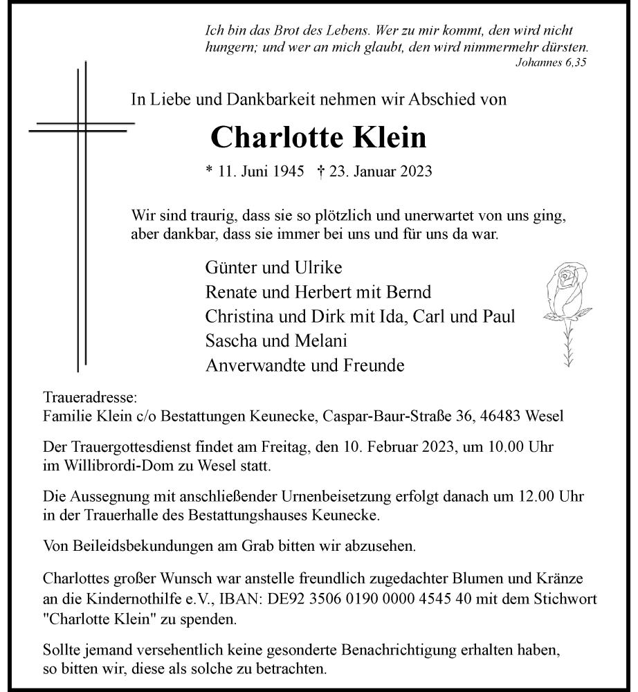  Traueranzeige für Charlotte Klein vom 04.02.2023 aus Rheinische Post