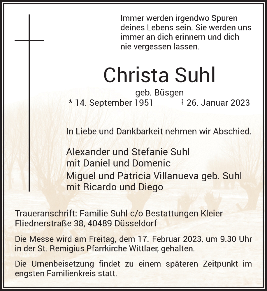  Traueranzeige für Christa Suhl vom 04.02.2023 aus Rheinische Post