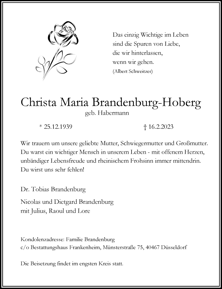  Traueranzeige für Christa Maria Brandenburg-Hoberg vom 25.02.2023 aus Rheinische Post