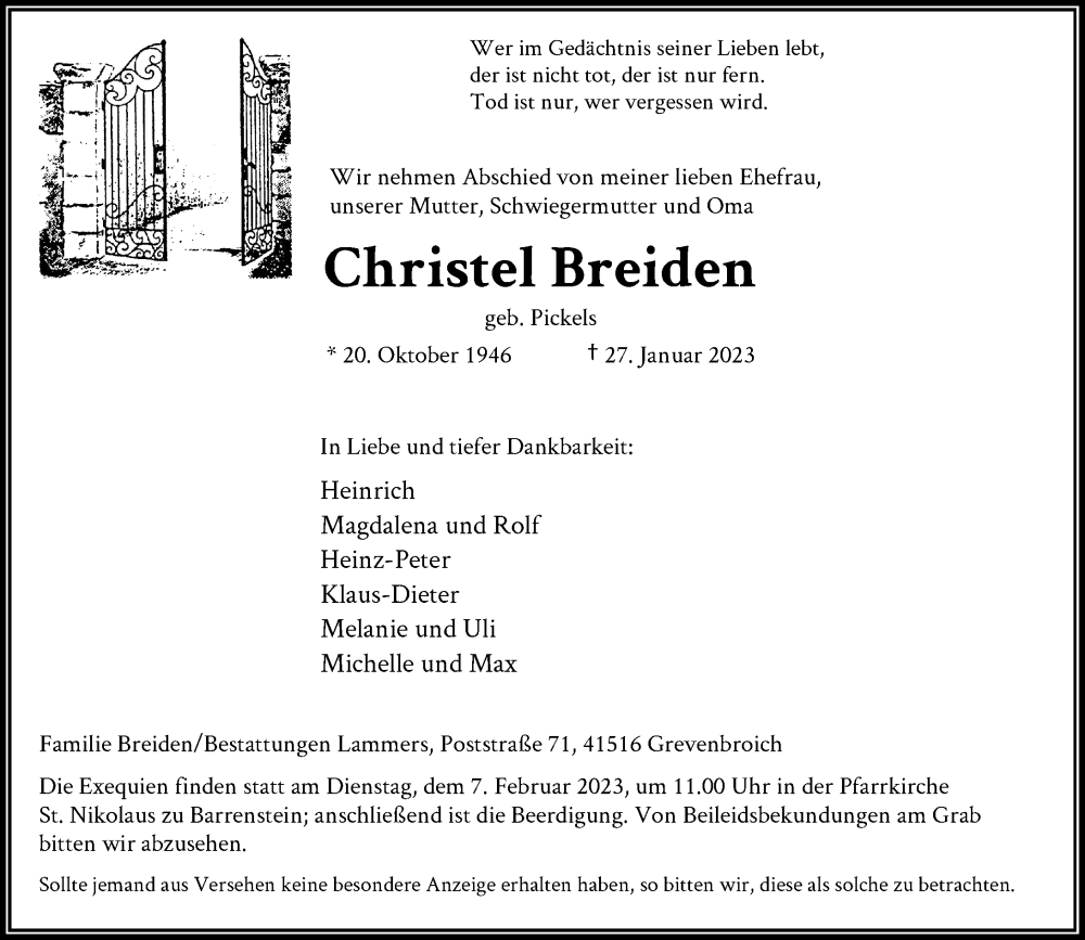  Traueranzeige für Christel Breiden vom 04.02.2023 aus Rheinische Post