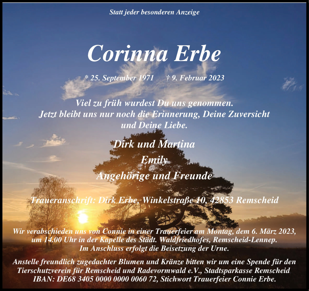  Traueranzeige für Corinna Erbe vom 25.02.2023 aus Rheinische Post