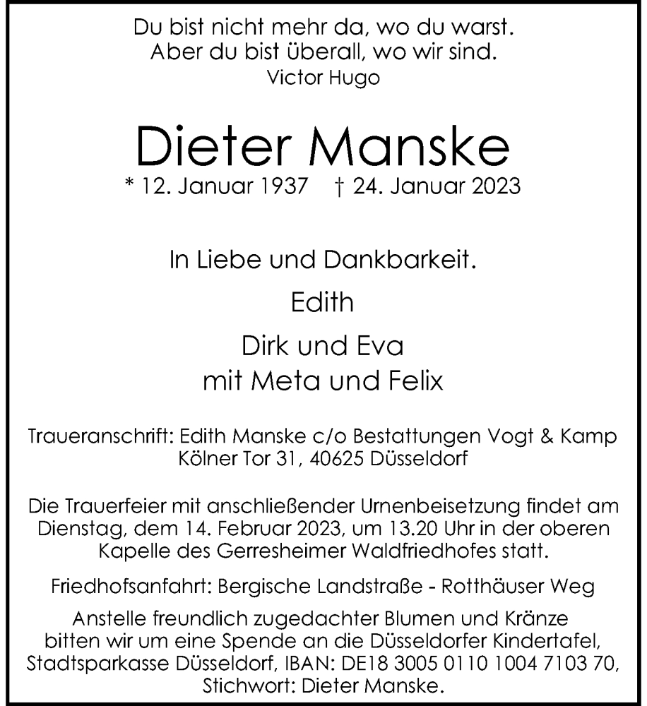  Traueranzeige für Dieter Manske vom 04.02.2023 aus Rheinische Post