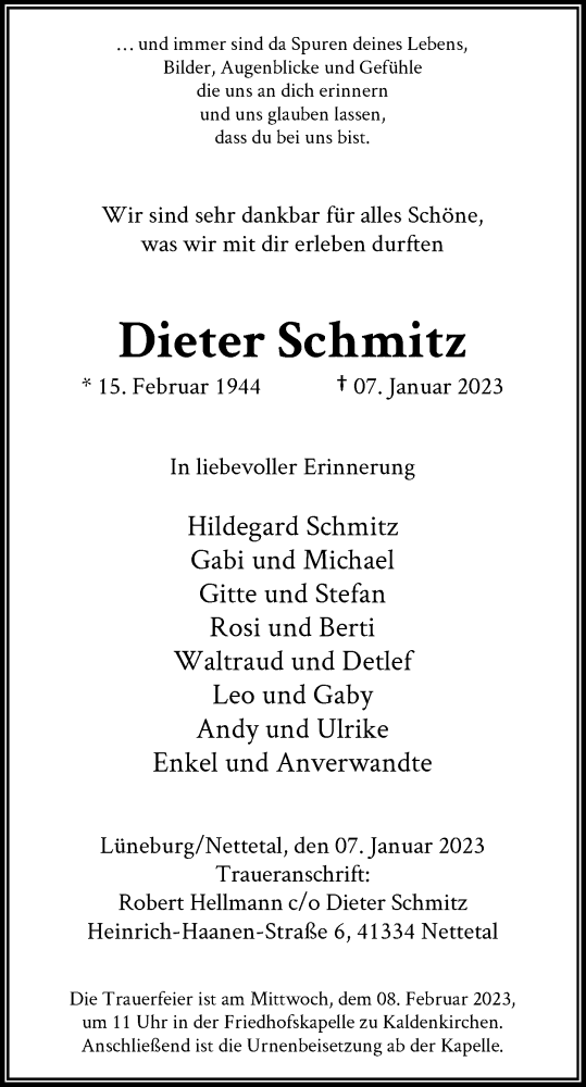  Traueranzeige für Dieter Schmitz vom 04.02.2023 aus Rheinische Post