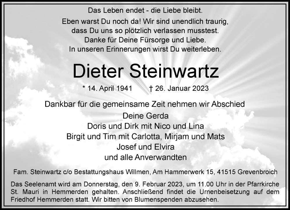  Traueranzeige für Dieter Steinwartz vom 04.02.2023 aus Rheinische Post
