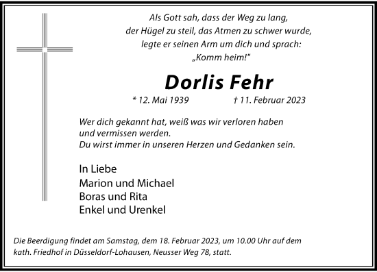 Traueranzeige von Dorlis Fehr von Rheinische Post