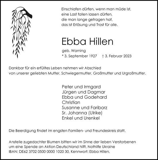 Traueranzeige von Ebba Hillen von Rheinische Post