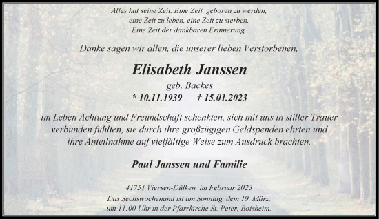 Traueranzeige von Elisabeth Janssen von Rheinische Post