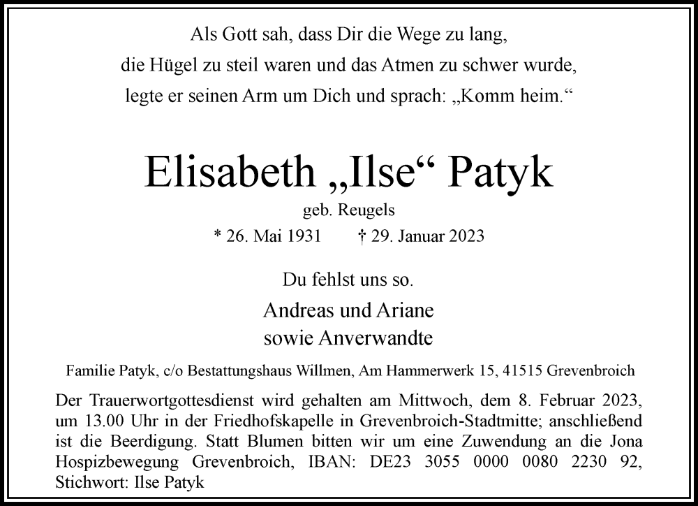  Traueranzeige für Elisabeth Ilse Patyk vom 04.02.2023 aus Rheinische Post