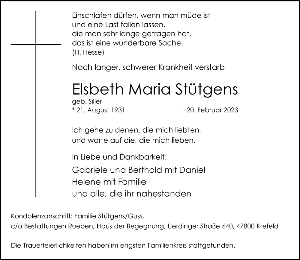  Traueranzeige für Elsbeth Maria Stütgens vom 04.03.2023 aus Rheinische Post