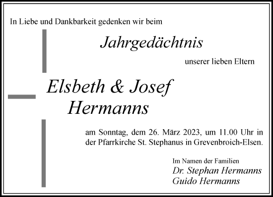 Traueranzeige von Elsbeth und Josef Hermanns von Rheinische Post