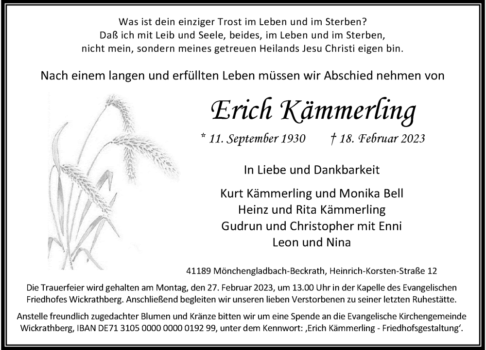  Traueranzeige für Erich Kämmerling vom 25.02.2023 aus Rheinische Post