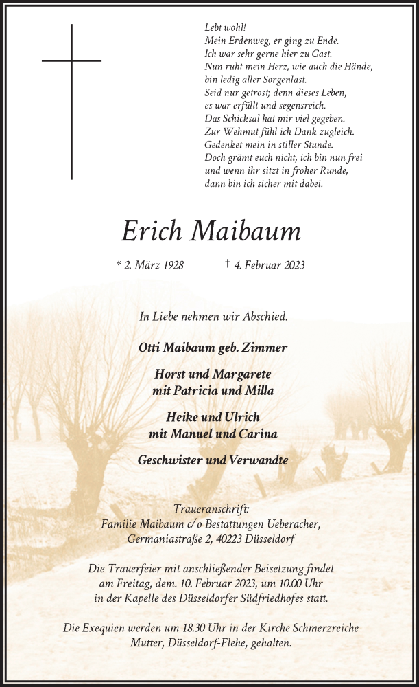  Traueranzeige für Erich Maibaum vom 08.02.2023 aus Rheinische Post