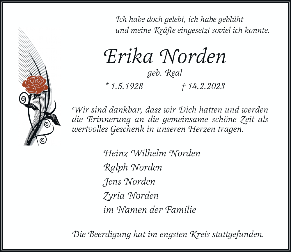  Traueranzeige für Erika Norden vom 25.02.2023 aus Rheinische Post