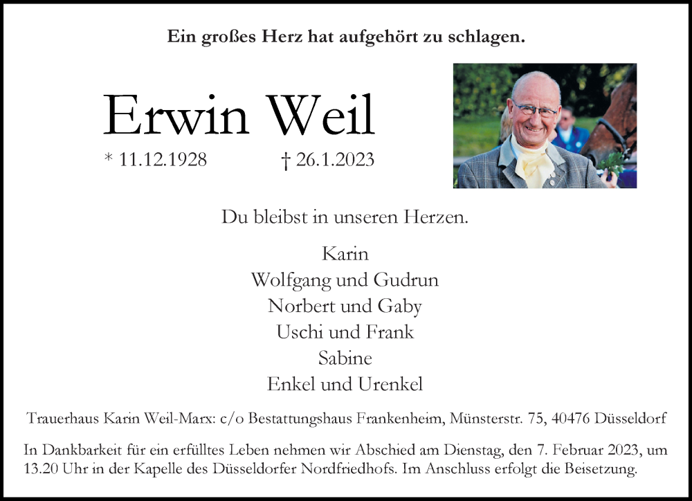  Traueranzeige für Erwin Weil vom 04.02.2023 aus Rheinische Post