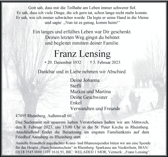 Traueranzeige von Franz Lensing von Rheinische Post