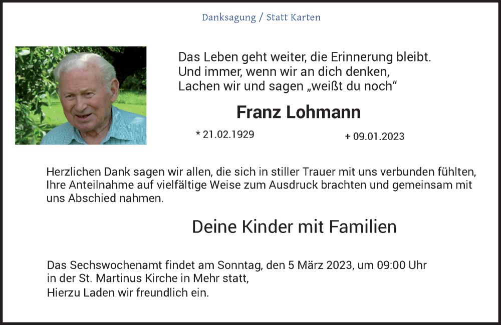  Traueranzeige für Franz Lohmann vom 25.02.2023 aus Rheinische Post
