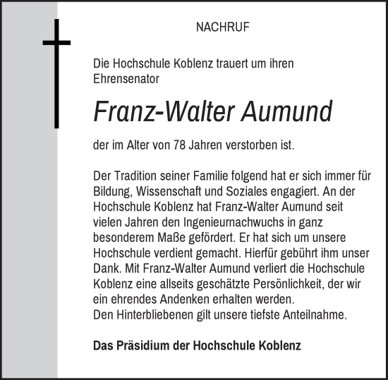 Traueranzeige von Franz-Walter Aumund von Rheinische Post