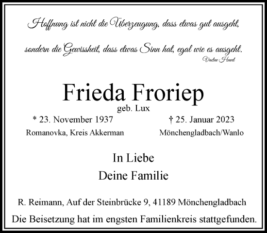 Traueranzeige von Frieda Froriep von Rheinische Post