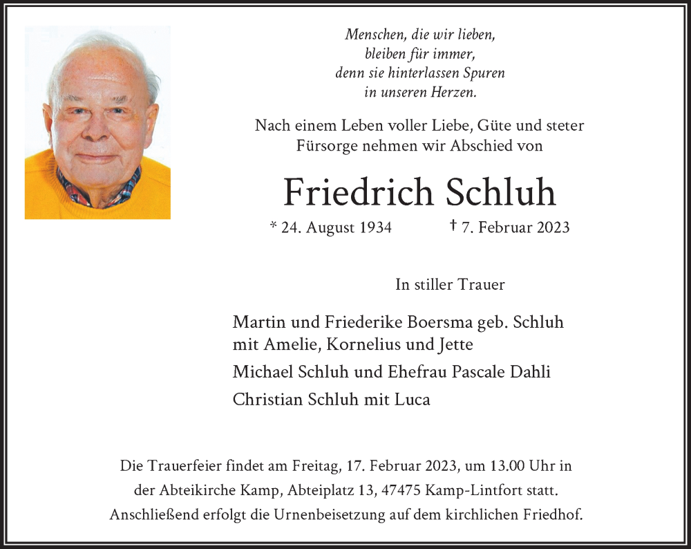  Traueranzeige für Friedrich Schluh vom 11.02.2023 aus Rheinische Post