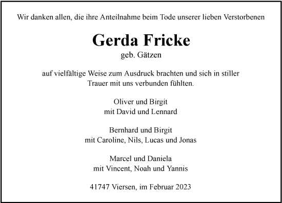Traueranzeige von Gerda Fricke von Rheinische Post