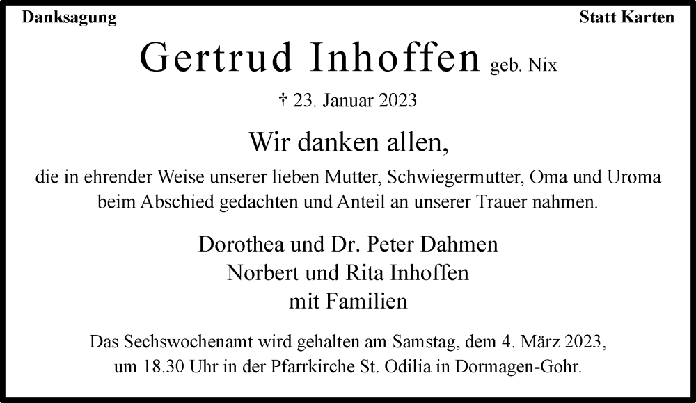  Traueranzeige für Gertrud Inhoffen vom 25.02.2023 aus Rheinische Post