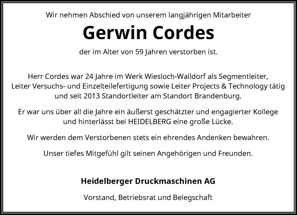  Traueranzeige für Gerwin Cordes vom 01.02.2023 aus Rheinische Post