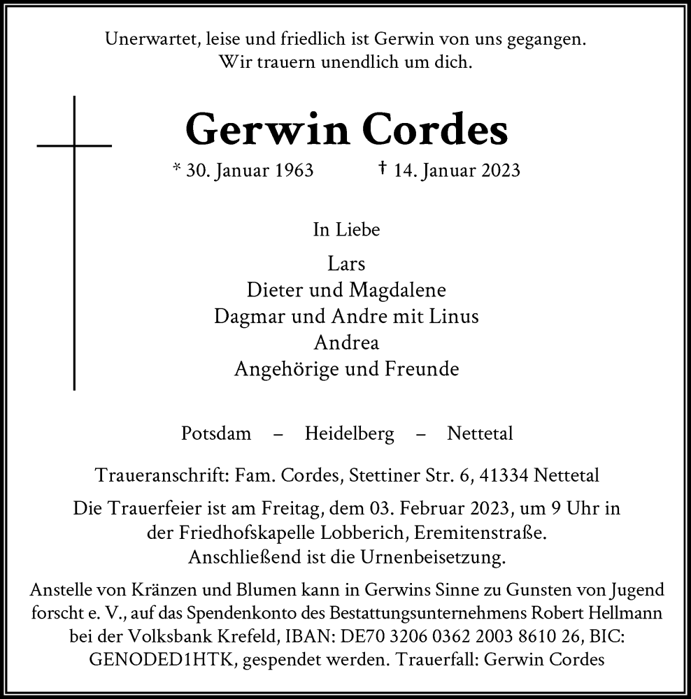  Traueranzeige für Gerwin Cordes vom 01.02.2023 aus Rheinische Post