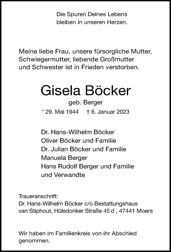 Traueranzeige von Gisela Böcker von Rheinische Post