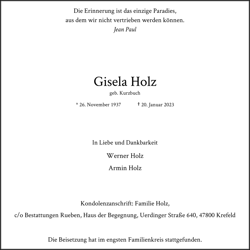  Traueranzeige für Gisela Holz vom 04.03.2023 aus Rheinische Post