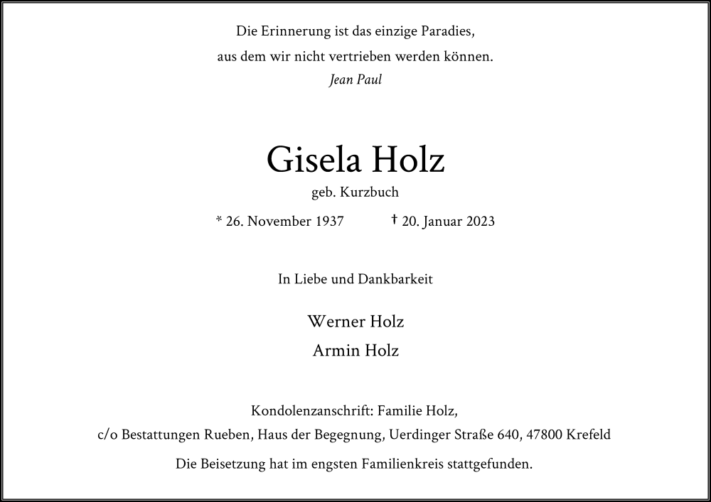  Traueranzeige für Gisela Holz vom 04.03.2023 aus Rheinische Post