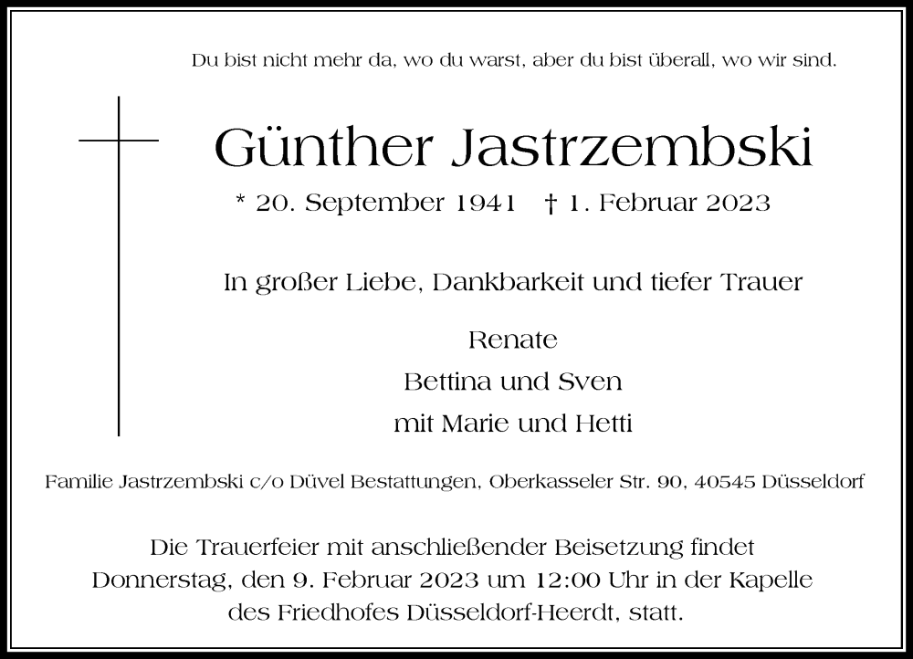  Traueranzeige für Günther Jastrzembski vom 04.02.2023 aus Rheinische Post
