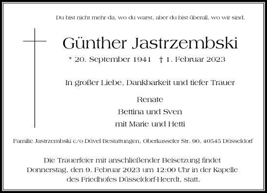 Traueranzeige von Günther Jastrzembski von Rheinische Post