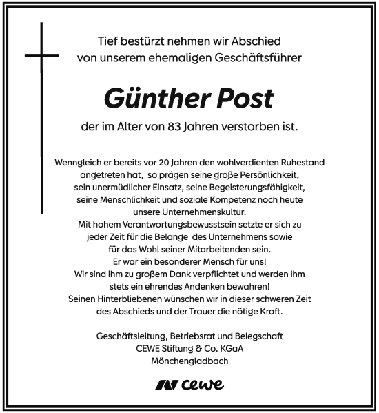 Traueranzeige von Günther Post von Rheinische Post