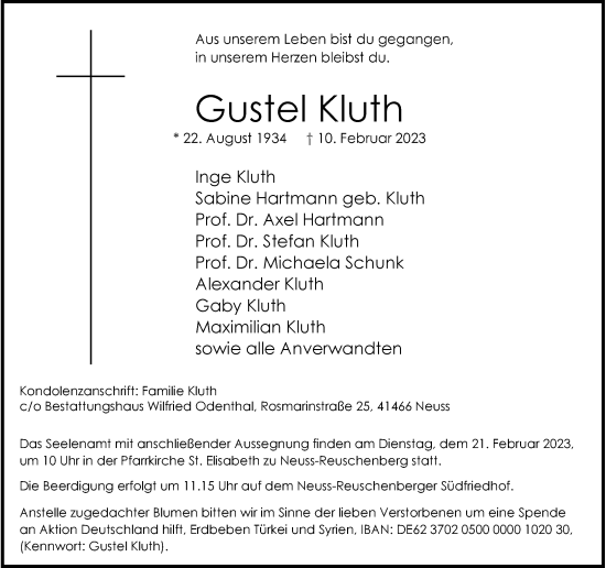 Traueranzeige von Gustel Kluth von Rheinische Post