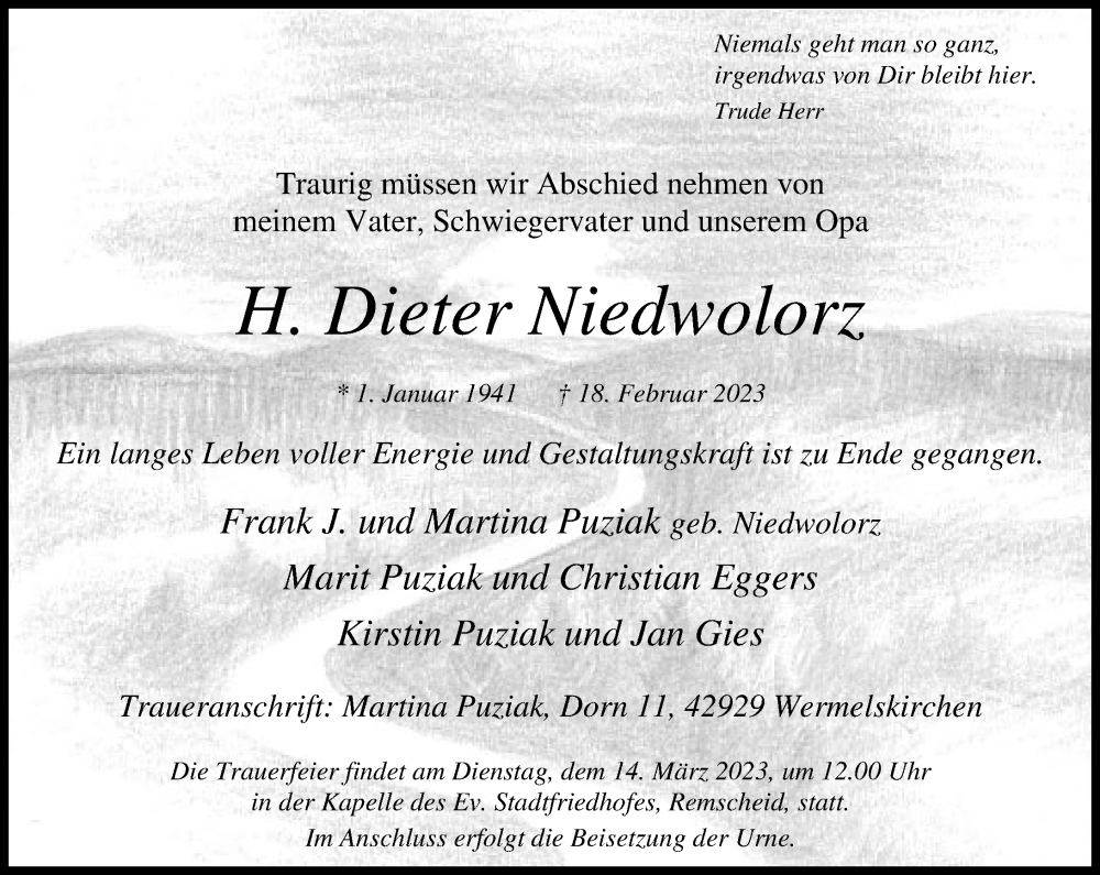  Traueranzeige für H. Dieter Niedwolorz vom 25.02.2023 aus Rheinische Post