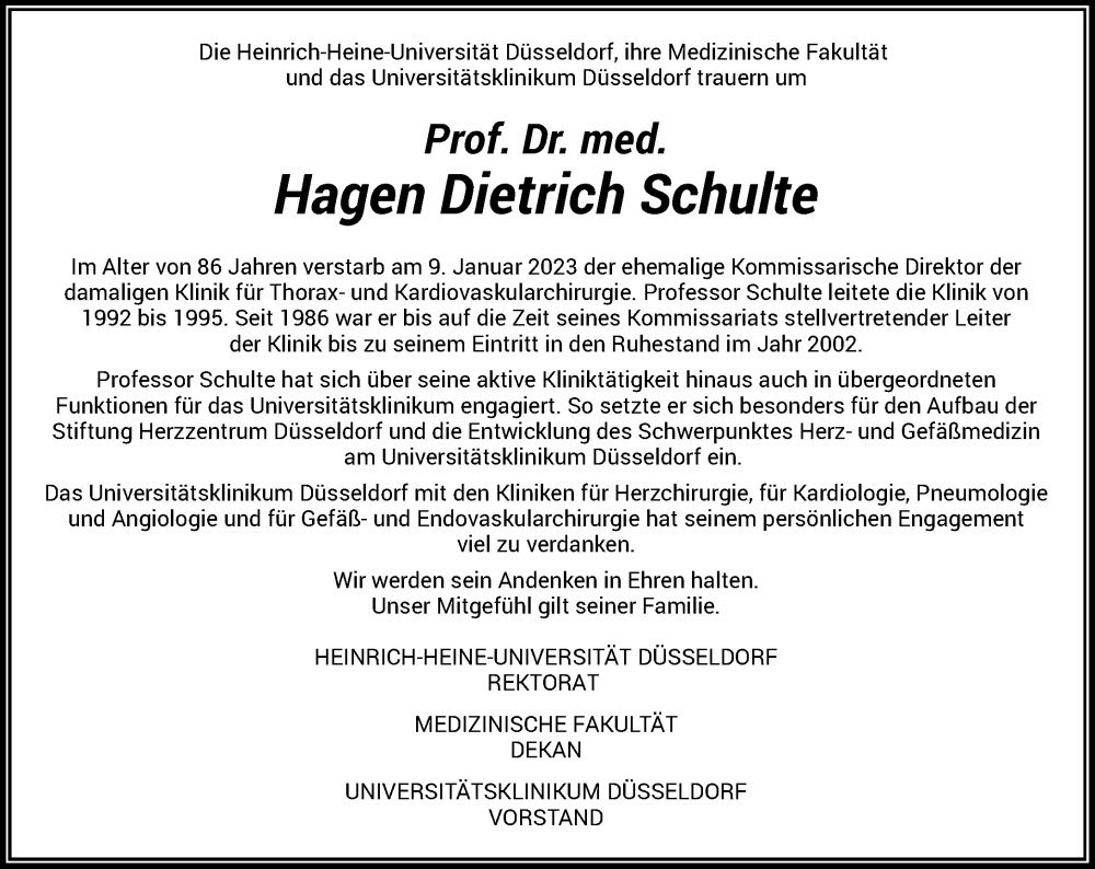  Traueranzeige für Hagen Dietrich Schulte vom 01.02.2023 aus Rheinische Post