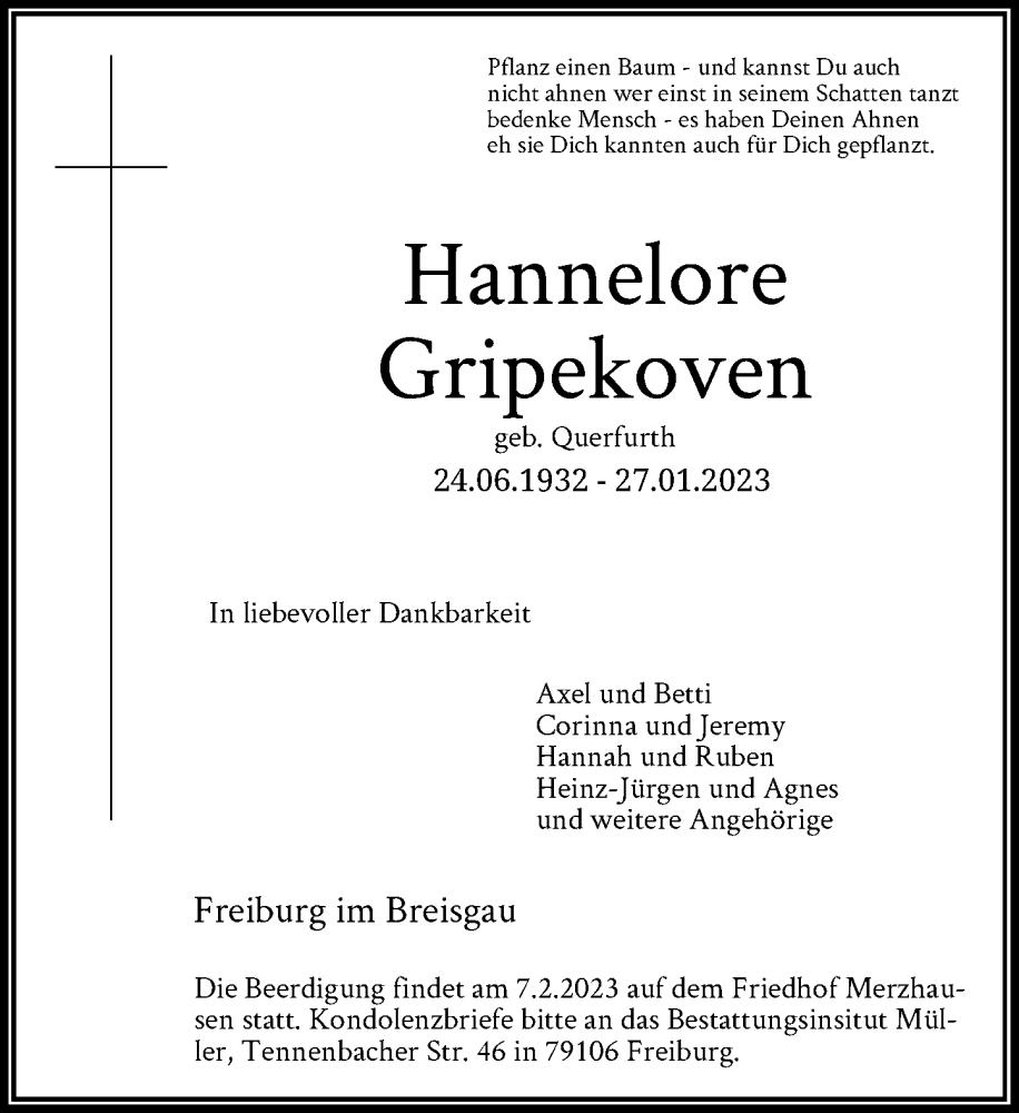  Traueranzeige für Hannelore Gripekoven vom 03.02.2023 aus Rheinische Post
