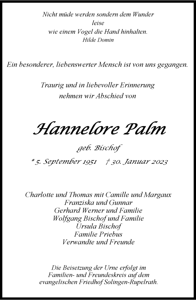  Traueranzeige für Hannelore Palm vom 04.02.2023 aus Rheinische Post