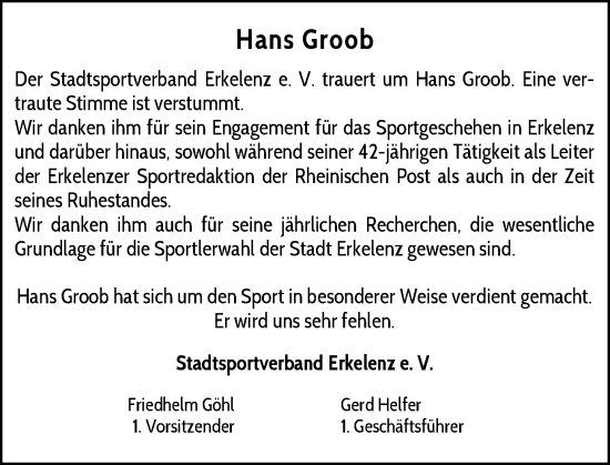 Traueranzeige von Hans Groob von Rheinische Post