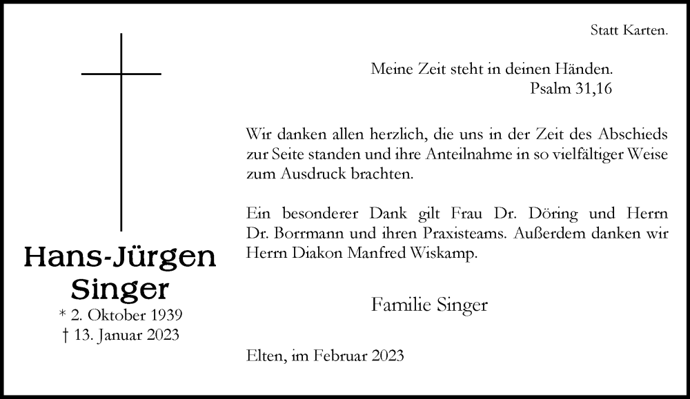  Traueranzeige für Hans-Jürgen Singer vom 25.02.2023 aus Rheinische Post