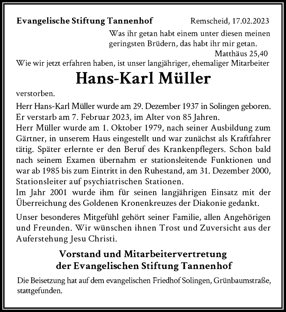  Traueranzeige für Hans-Karl Müller vom 18.02.2023 aus Rheinische Post