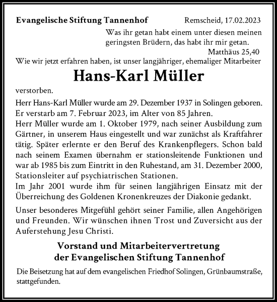 Traueranzeige von Hans-Karl Müller von Rheinische Post