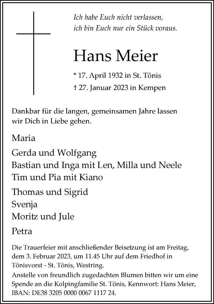  Traueranzeige für Hans Meier vom 01.02.2023 aus Rheinische Post