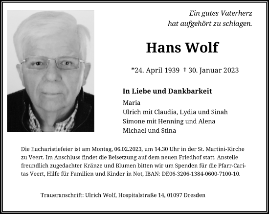 Traueranzeige von Hans Wolf von Rheinische Post