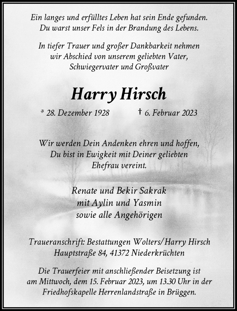  Traueranzeige für Harry Hirsch vom 11.02.2023 aus Rheinische Post
