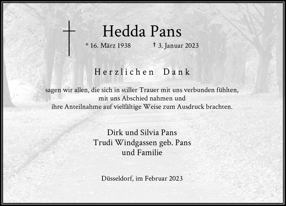  Traueranzeige für Hedda Pans vom 04.02.2023 aus Rheinische Post