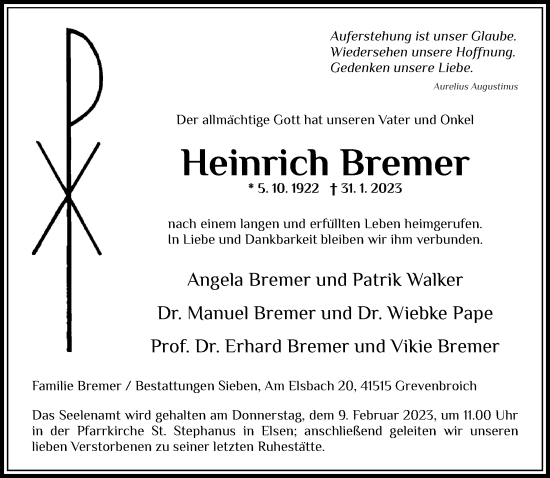 Traueranzeige von Heinrich Bremer von Rheinische Post