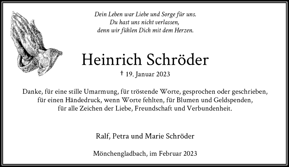  Traueranzeige für Heinrich Schröder vom 08.02.2023 aus Rheinische Post