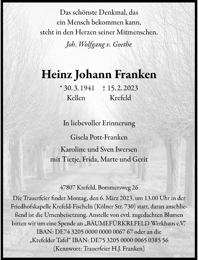  Traueranzeige für Heinz Johann Franken vom 25.02.2023 aus Rheinische Post